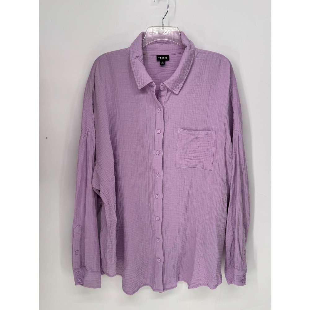 Torrid Button Down Women 2 Purple EUC Double Gauze Cotton Long Sleeve Pocket